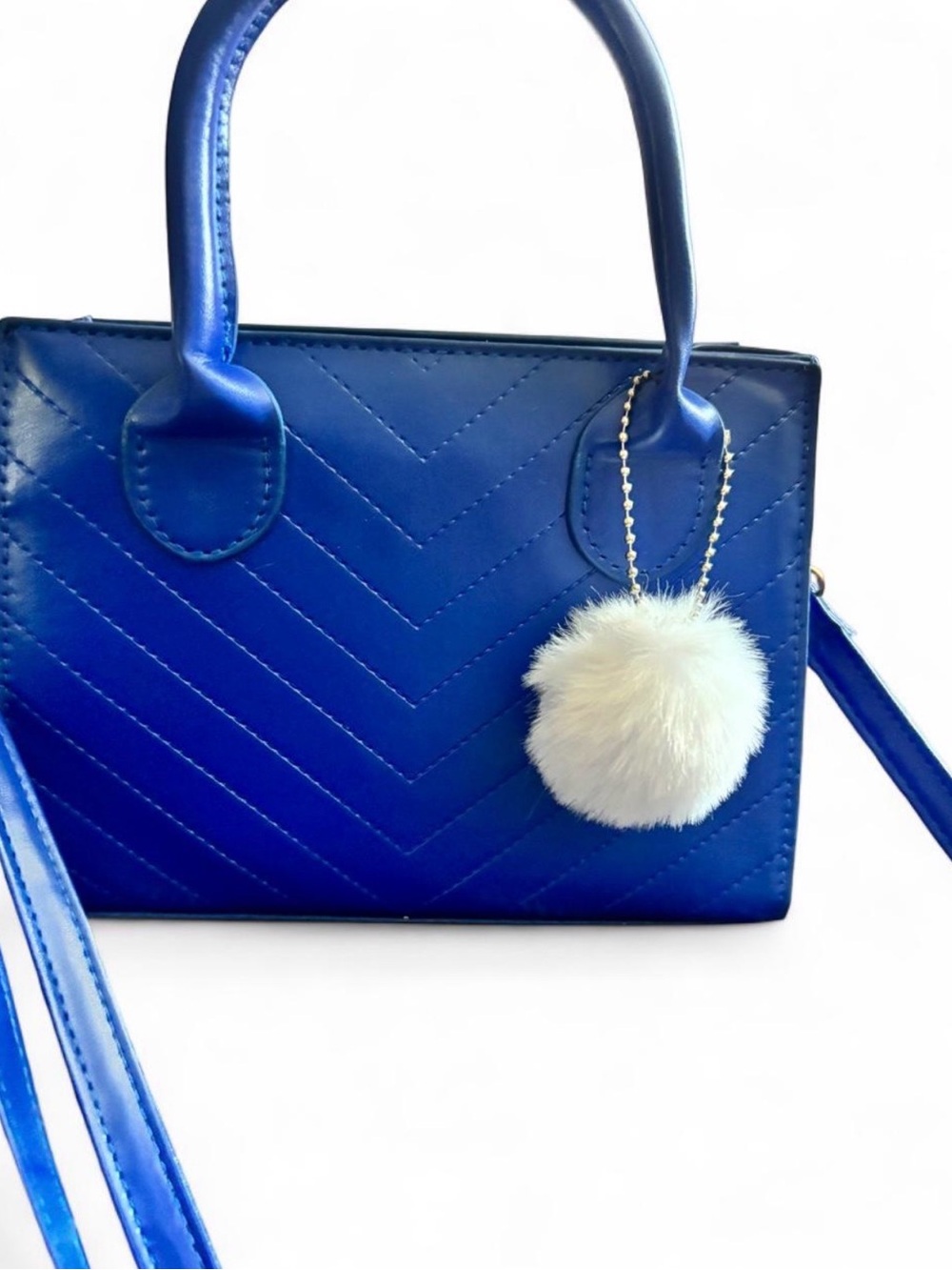 Blue Women's Small Tote Bag with Pom Pom - Picture 2 of 4